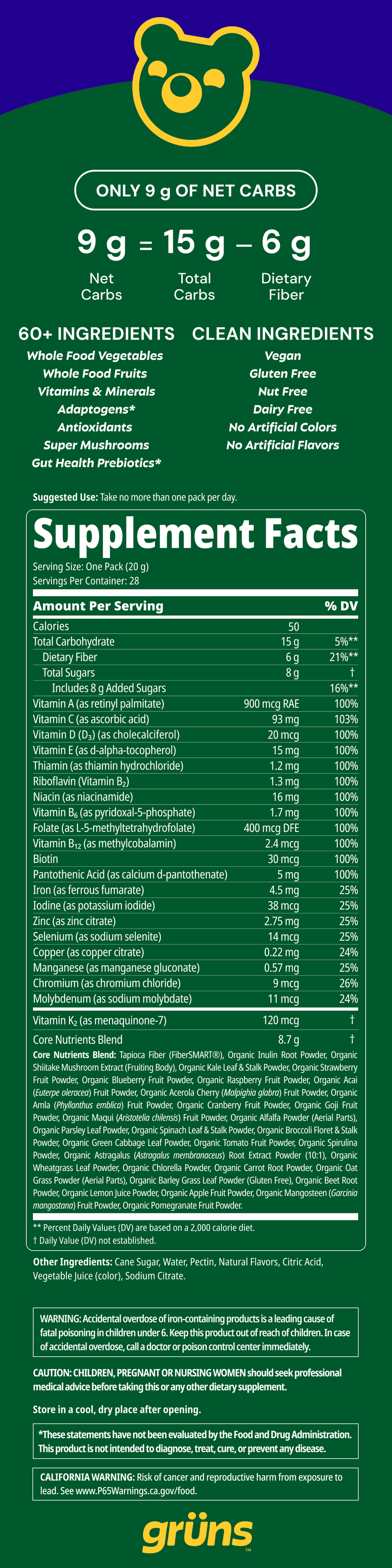 Grüns Blackberry Bliss Low Sugar nutrition label