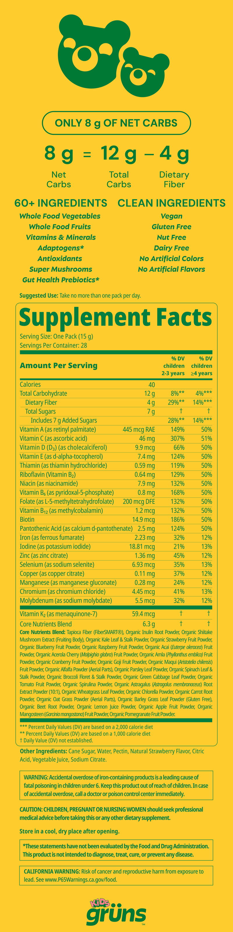 Grüns Kids Low Sugar nutrition label
