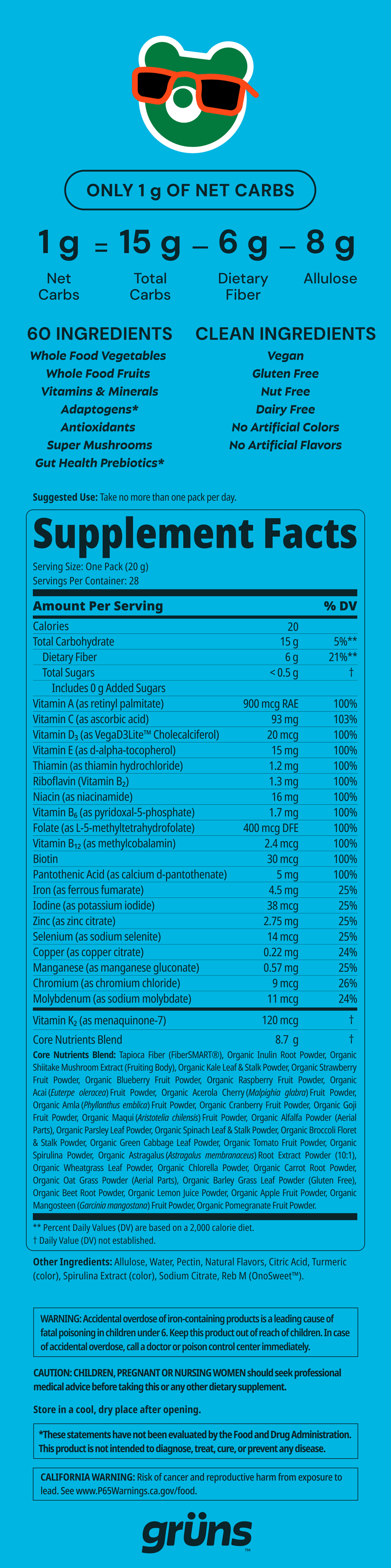 Grüns Mango Sorbet Sugar-Free nutrition label