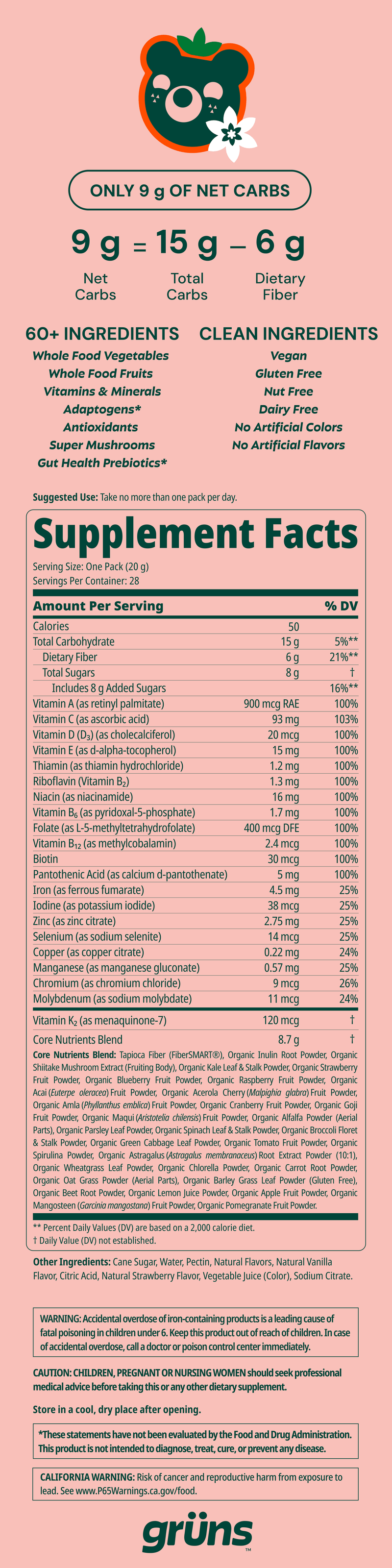 Grüns OLIPOP® Low Sugar nutrition label