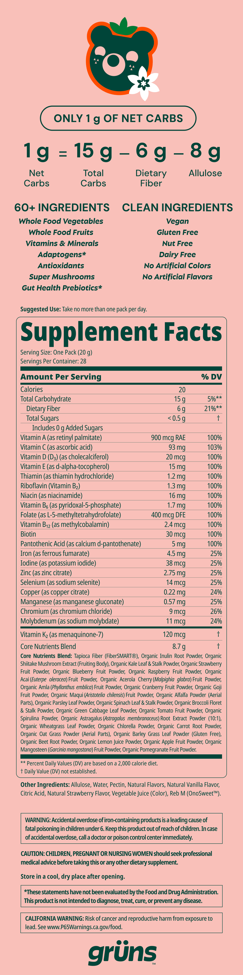 Grüns OLIPOP® Sugar-Free nutrition label