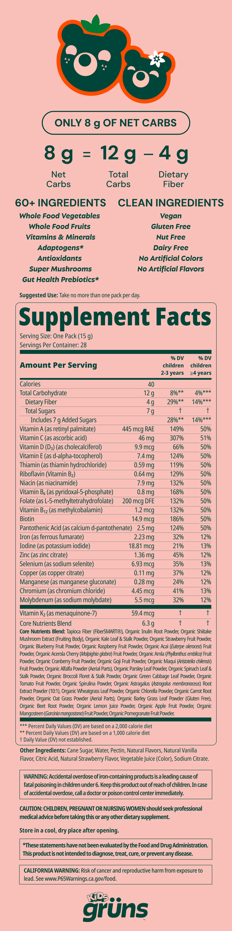 Grüns Kids OLIPOP® Low Sugar nutrition label
