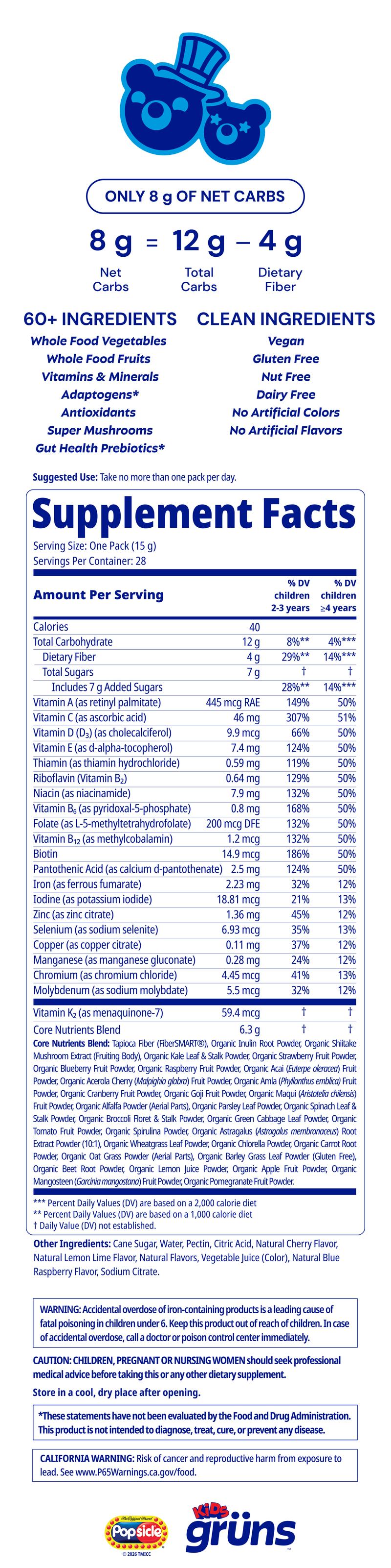 Popsicle® Firecracker Grüns Kids Low Sugar nutrition label