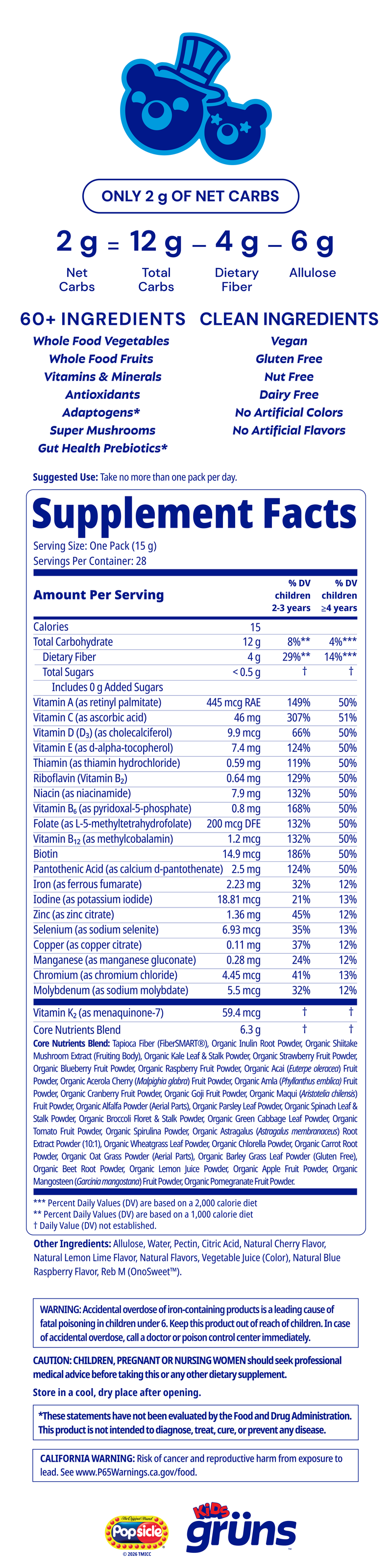 Popsicle® Firecracker Grüns Kids Sugar-Free nutrition label