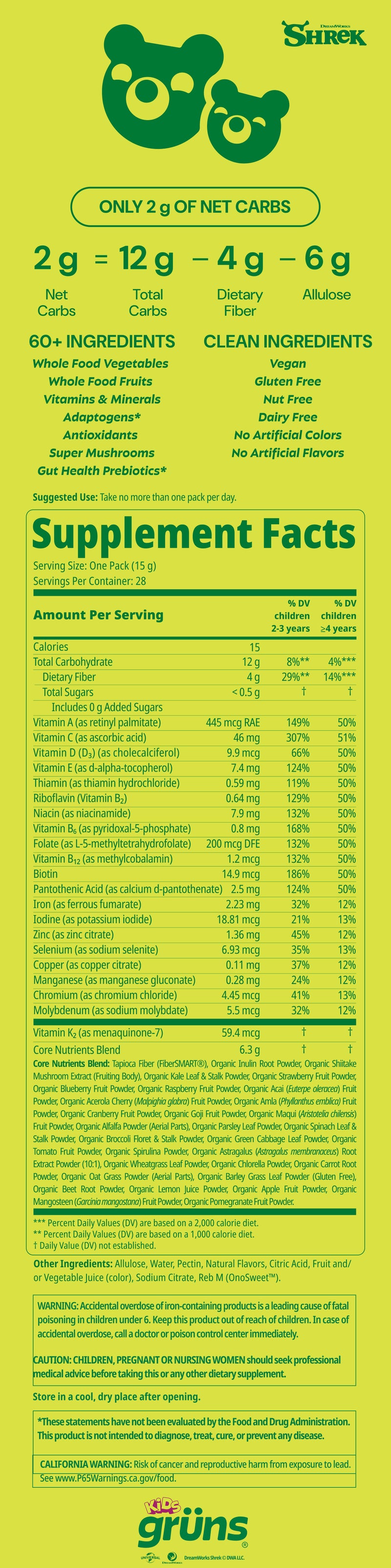 Grüns Kids Shrek Sugar-Free nutrition label