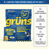 Blue Grüns Superfoods Greens Gummies bag and packet in Bello Banana Berry flavor with Minions branding, limited-time offer banner for up to 55% off, and benefits including gut health, energy, and full-body health