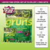 Advertisement banner reading 'Limited Time Offer: Get Up to 61% Off + Free Gifts' above a large and small pouch of Shrek Grüns Superfoods Greens Gummies in Berry Far Far Away flavor, with a row of gummies below and a sidebar listing benefits: Full-body health benefits, On-the-go convenience, Supports gut health, Crash-free energy, and Great taste, no compromises.