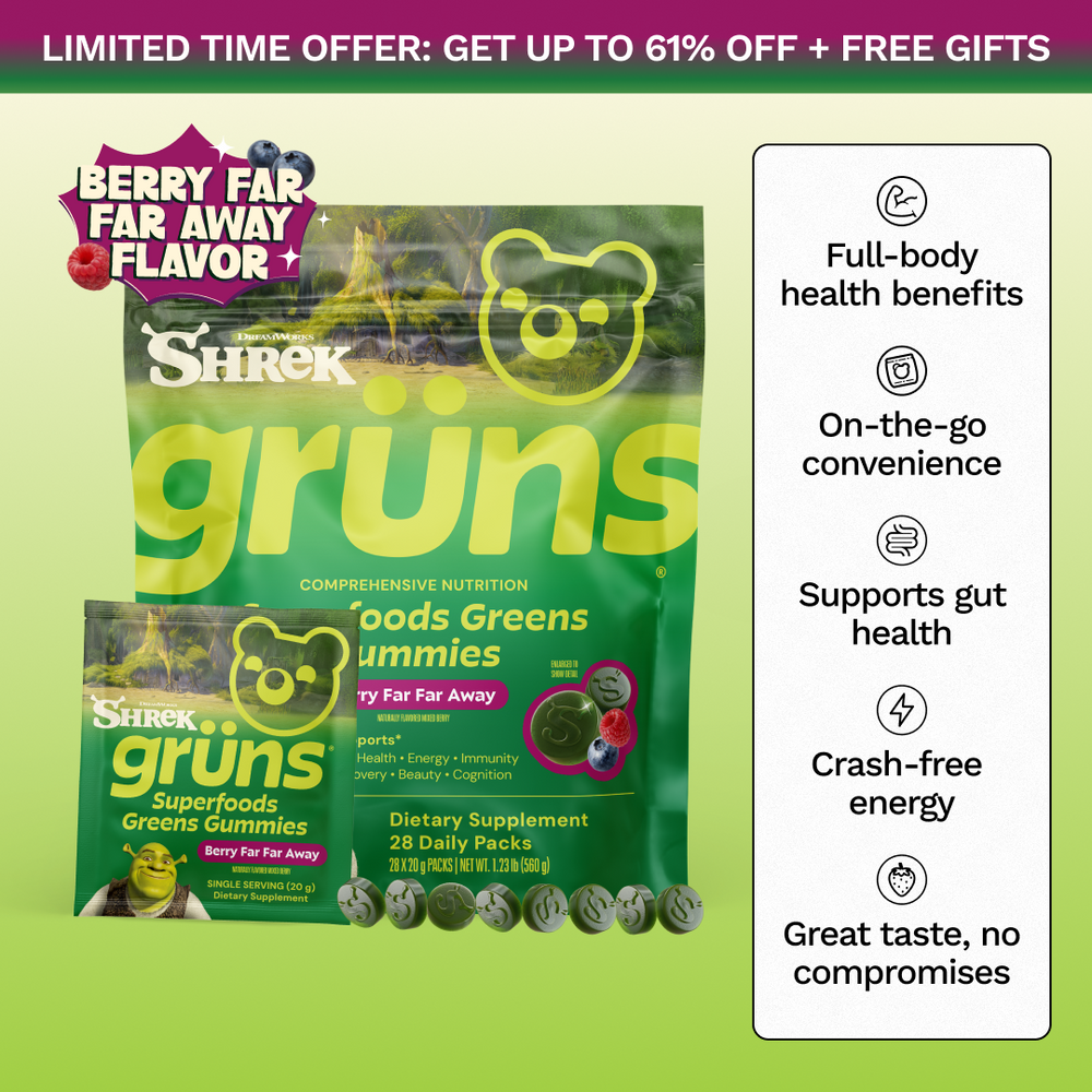 Advertisement banner reading 'Limited Time Offer: Get Up to 61% Off + Free Gifts' above a large and small pouch of Shrek Grüns Superfoods Greens Gummies in Berry Far Far Away flavor, with a row of gummies below and a sidebar listing benefits: Full-body health benefits, On-the-go convenience, Supports gut health, Crash-free energy, and Great taste, no compromises.