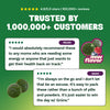Graphic showing a 5-star rating of 4.8 out of 5 from over 100,000 reviews, headlined Trusted by 1,000,000+ Customers, with two five-star testimonials from customers named Nicole and Jason praising the product's convenience and energy benefits, alongside two green S-embossed gummies, a raspberry, a blueberry, and a new flavor badge.