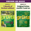 Subscribe and Receive graphic split into two panels: left shows Month 1, 1 Month of limited edition, featuring a green Shrek Grüns Superfoods Greens Gummies package labeled Berry Far Far Away; right shows Month 2+, Original Grüns month 2 and on, featuring a green Grüns package labeled Fresh & Sweet Taste.