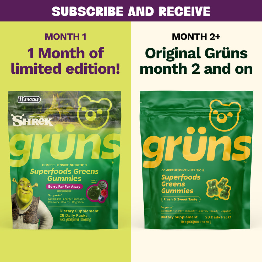 Subscribe and Receive graphic split into two panels: left shows Month 1, 1 Month of limited edition, featuring a green Shrek Grüns Superfoods Greens Gummies package labeled Berry Far Far Away; right shows Month 2+, Original Grüns month 2 and on, featuring a green Grüns package labeled Fresh & Sweet Taste.