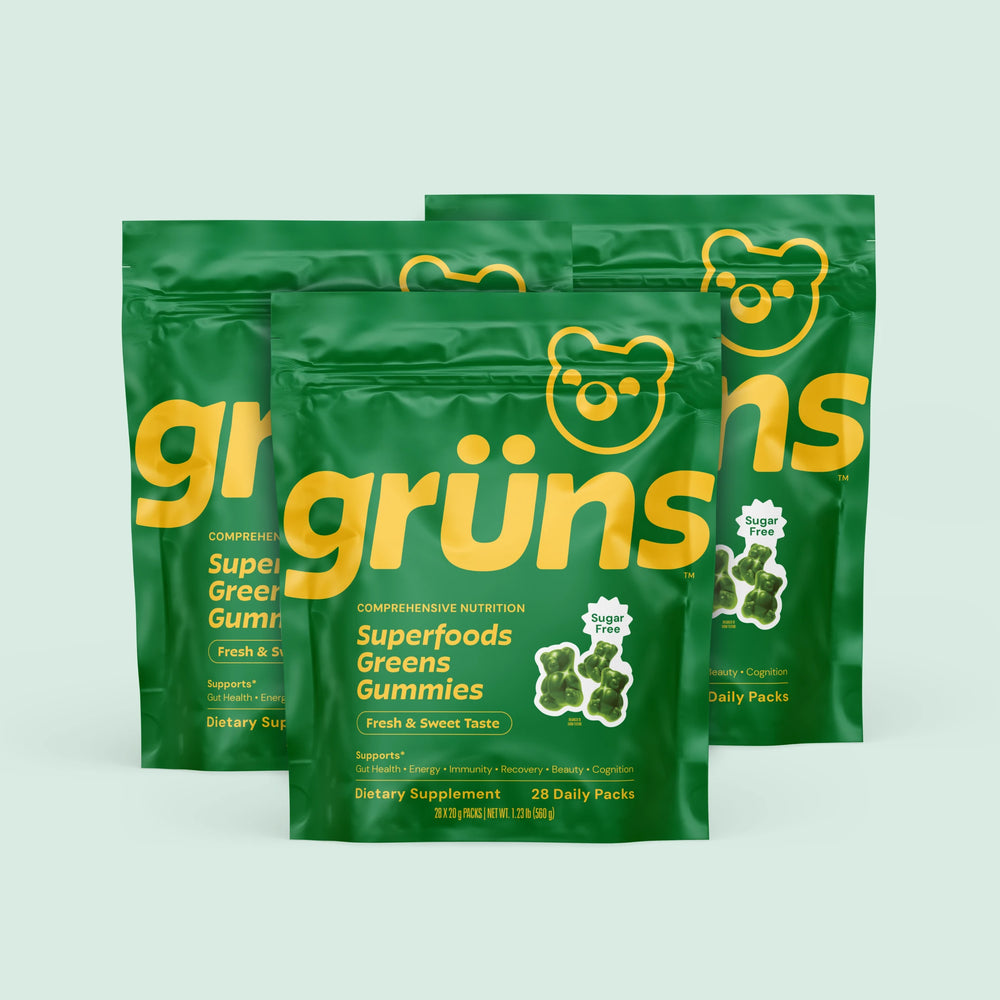 Grüns Adults Sugar-Free Quarterly Superfood Gummies, vegan multivitamin gummies, Original, pouch front view