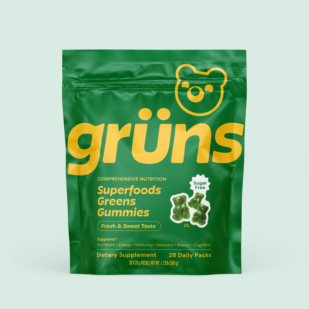 Grüns Adults Sugar-Free Superfood Gummies, vegan multivitamin gummies, Green pouch with 28 daily vitamin packs, 60+ whole food nutrients for adults