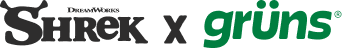 Shrek x Grüns logo collaboration graphic, with the Shrek wordmark in black and the Grüns logo in green.