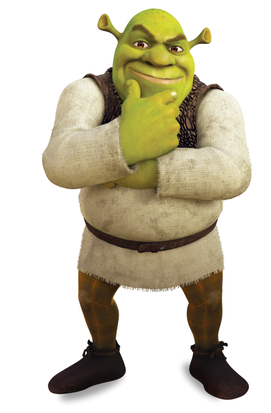 Shrek standing with arms crossed and one hand raised to his chin in a thoughtful pose, transparent background.