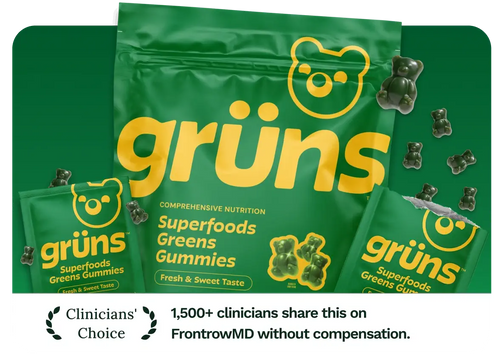 Green packaging of grüns Superfoods Greens Gummies with a bear logo.