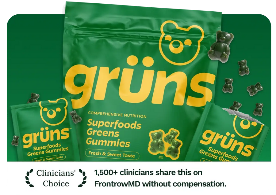 Green packaging of grüns Superfoods Greens Gummies with a bear logo.