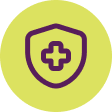 "Icon of a shield with a cross inside, in purple outline on a yellow-green circular background."