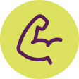 "Icon of a flexed bicep arm, in purple outline on a yellow-green circular background."