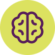 Icon of a brain, in purple outline on a yellow-green circular background.