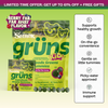 Advertisement banner reading 'Limited Time Offer: Get Up to 61% Off + Free Gifts' above a large and small pouch of Shrek Grüns Kids Superfoods Greens Gummies in Berry Far Far Away flavor, with a row of gummies below and a sidebar listing benefits: Supports healthy growth, On-the-go convenience, Gentle on little tummies, Picky-eater approved, and Immune support.