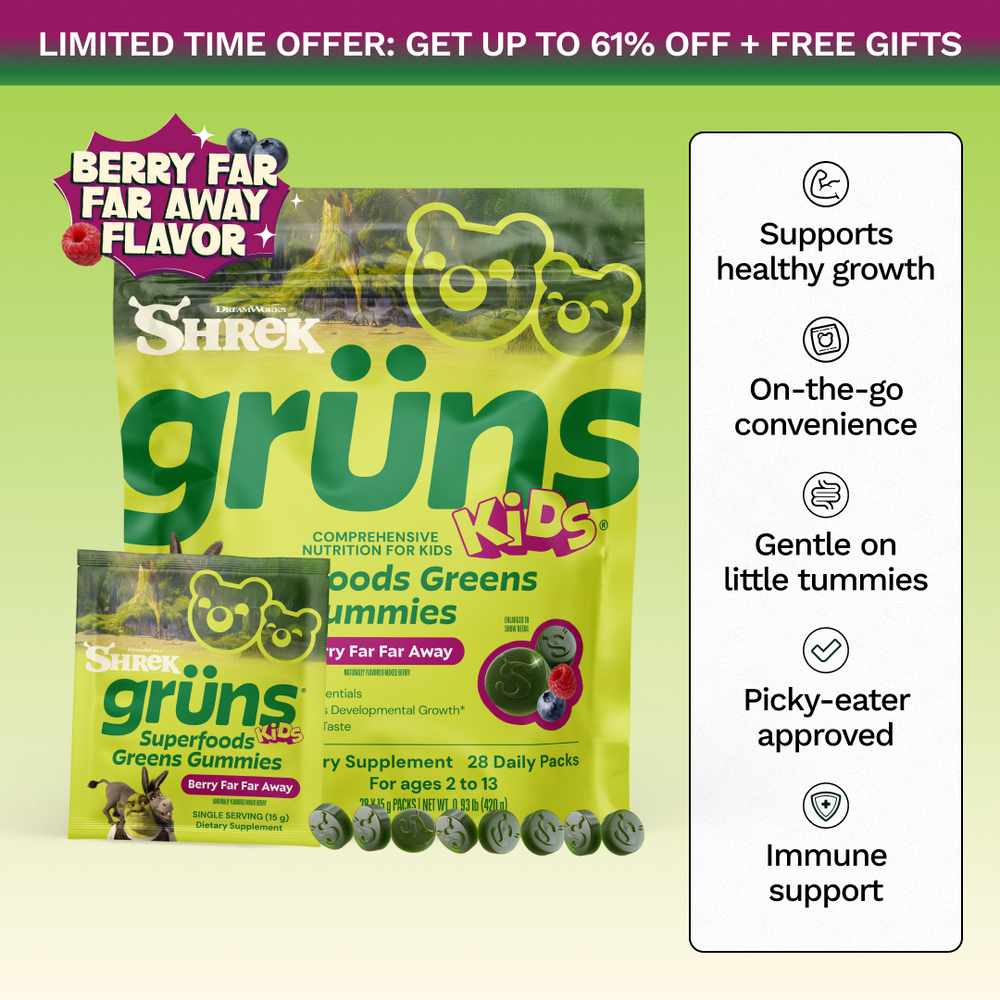 Advertisement banner reading 'Limited Time Offer: Get Up to 61% Off + Free Gifts' above a large and small pouch of Shrek Grüns Kids Superfoods Greens Gummies in Berry Far Far Away flavor, with a row of gummies below and a sidebar listing benefits: Supports healthy growth, On-the-go convenience, Gentle on little tummies, Picky-eater approved, and Immune support.
