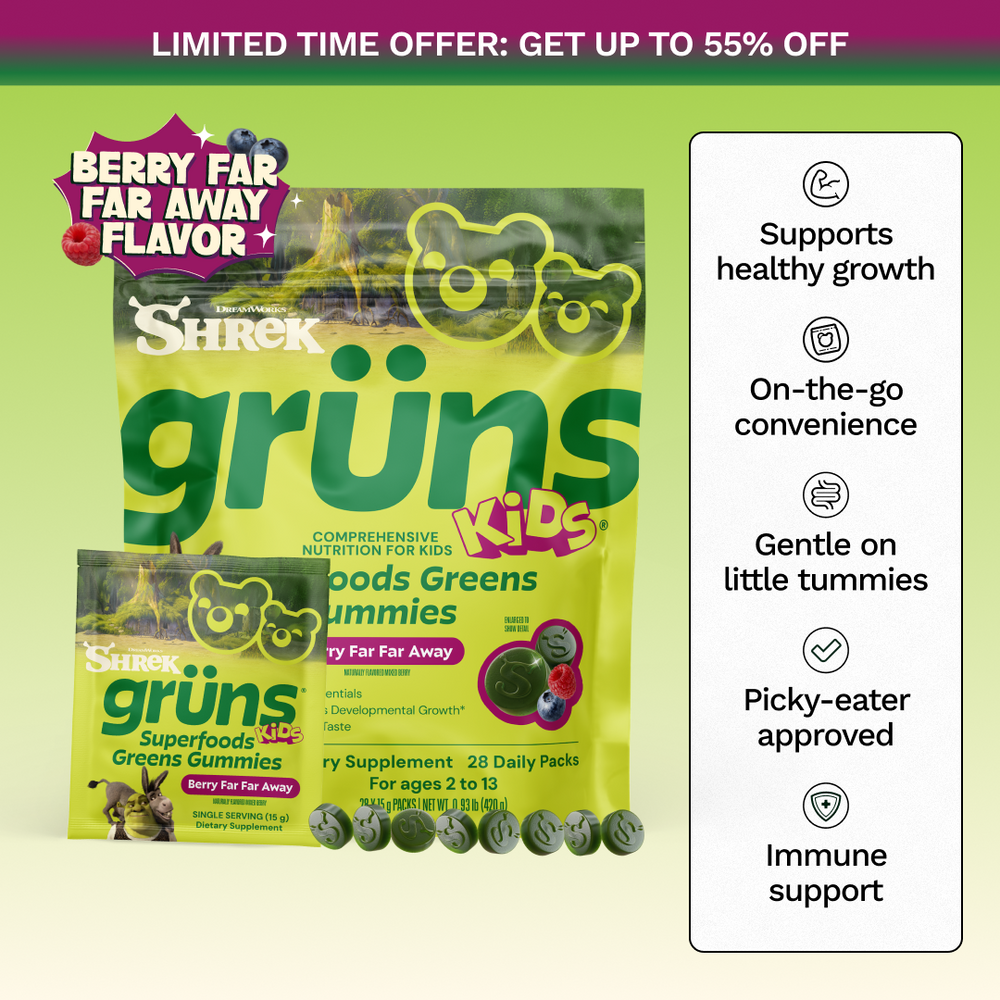 Advertisement banner reading 'Limited Time Offer: Get Up to 55% Off' above a large and small pouch of Shrek Grüns Kids Superfoods Greens Gummies in Berry Far Far Away flavor, with a row of gummies below and a sidebar listing benefits: Supports healthy growth, On-the-go convenience, Gentle on little tummies, Picky-eater approved, and Immune support.