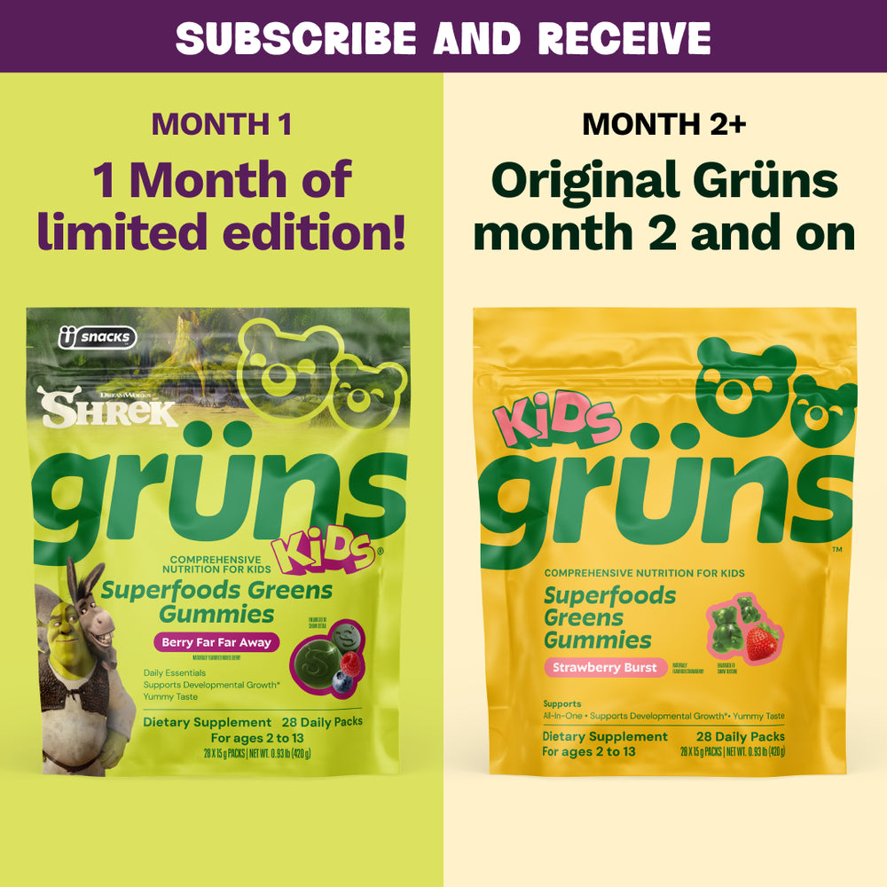 Subscribe and Receive graphic split into two panels: left shows Month 1, 1 Month of limited edition, featuring a Shrek Kids Grüns Superfoods Greens Gummies package labeled Berry Far Far Away; right shows Month 2+, Original Grüns month 2 and on, featuring a yellow Kids Grüns package labeled Strawberry Burst.