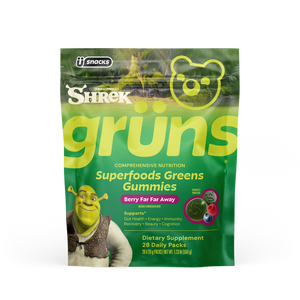 Green Grüns Superfoods Greens Gummies package featuring the Shrek logo and character, labeled 'Berry Far Far Away' flavor, listing support for gut health, energy, immunity, recovery, beauty, and cognition, Dietary Supplement, 28 Daily Packs, transparent background.