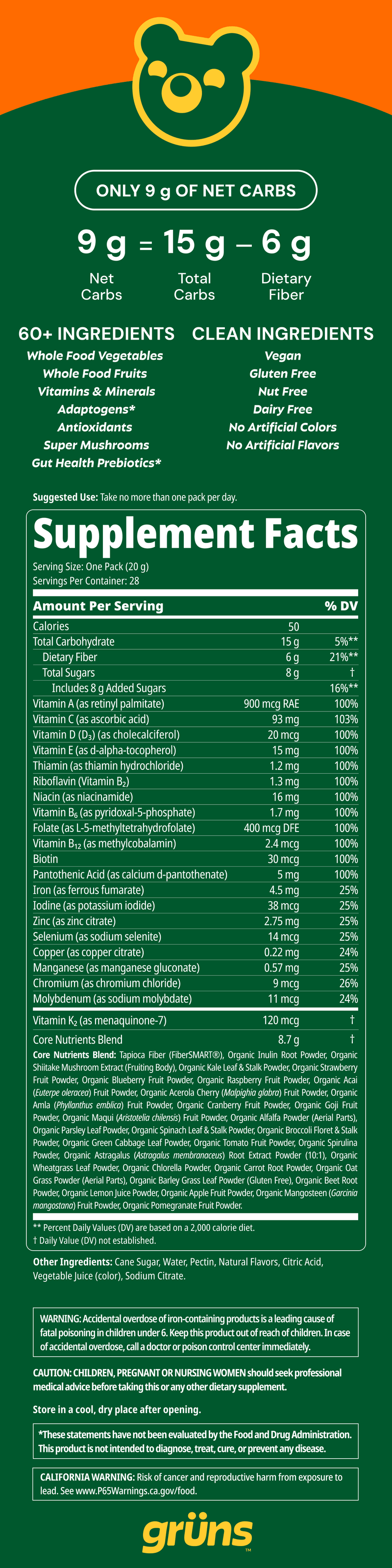 Grüns Tangerine Twist Low Sugar nutrition label