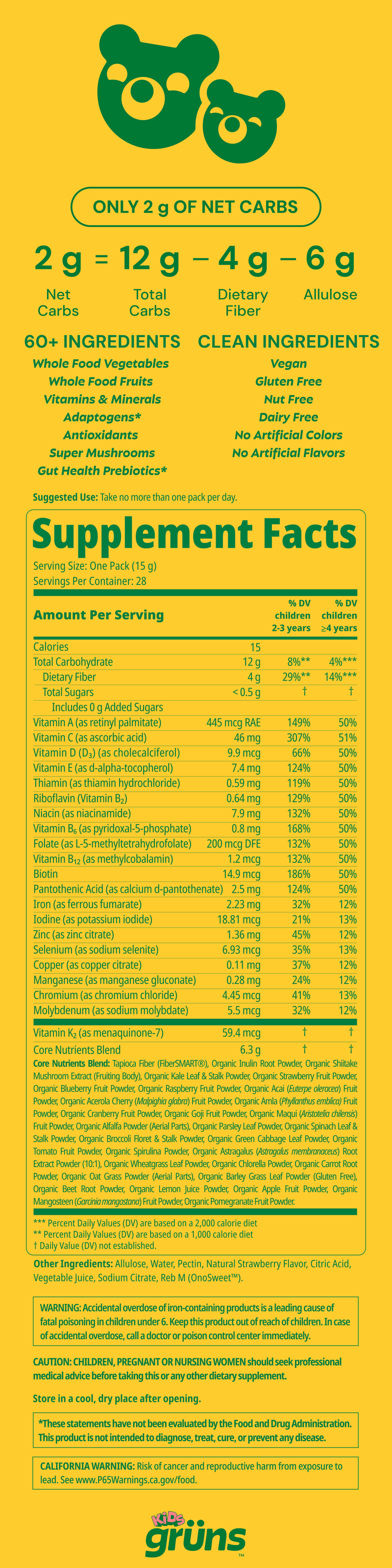 Grüns Kids Sugar-Free nutrition label