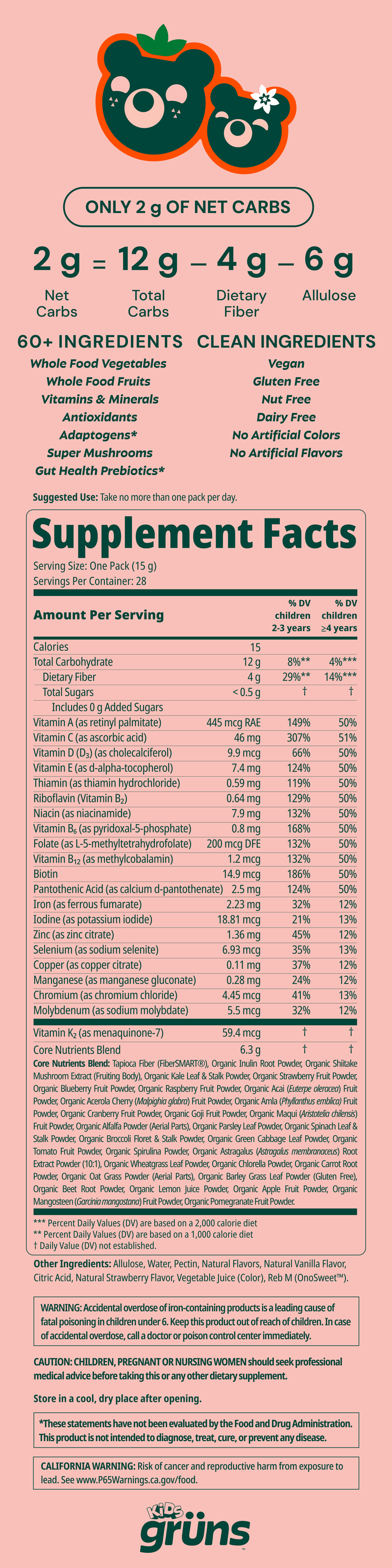 Grüns Kids OLIPOP® Sugar-Free nutrition label