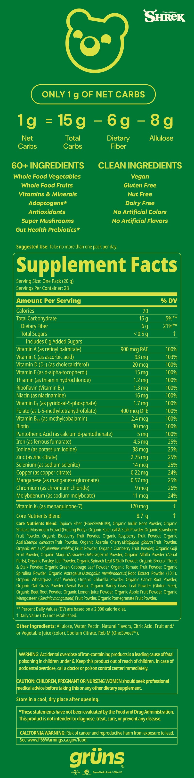 Grüns Shrek Sugar-Free nutrition label