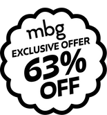 A black and white scalloped badge with the "mbg" logo, reading "Exclusive Offer 63% Off," shown on a transparent background.