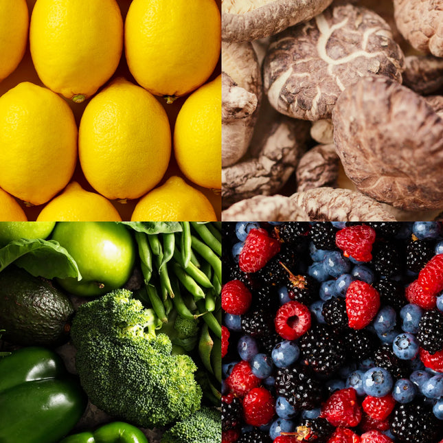 Four quadrants showing lemons, mushrooms, vegetables, and berries.