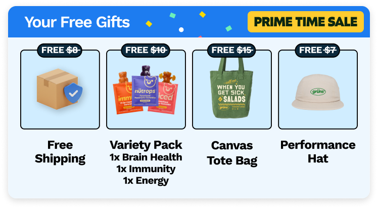 "Your Free Gifts" graphic with a "Prime Time Sale" tag, showing four free gifts: free shipping (a shielded shipping box, $8 value), a variety pack of brain health, immunity, and energy gummies (three single-serve packets, $10 value), a green canvas tote bag with a salad-themed slogan ($15 value), and a beige Grüns performance hat ($7 value).