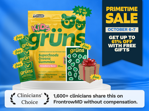 Grüns Kids Superfoods Greens Gummies in Strawberry Burst flavor, shown as a 28-pack yellow pouch on a white platform with free gift items: three single-serve packets, a sticker sheet, and a wrapped present. A "Primetime Sale" banner reads "October 6-7, get up to 61% off with free gifts." A "Clinicians' Choice" badge below states that 1,600+ clinicians share this on FrontrowMD without compensation.