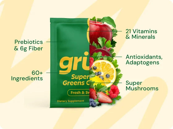 Supplement package with green label featuring fruits and vegetables, labeled with health benefits.