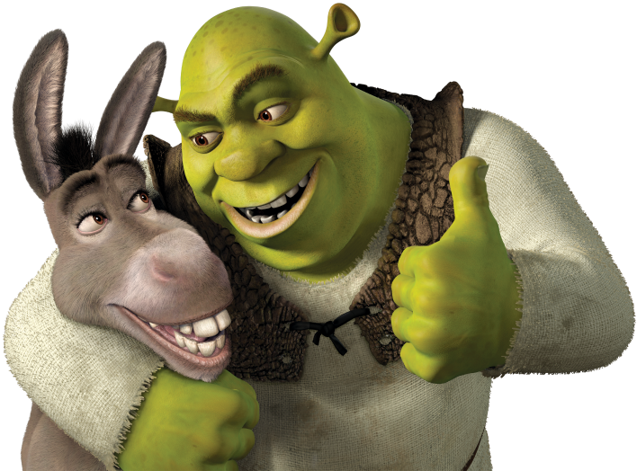 Shrek and Donkey smiling together with Shrek giving a thumbs-up, transparent background.