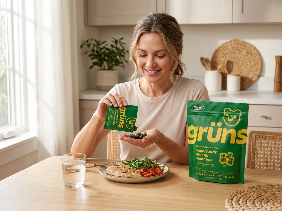Woman adding a daily Grüns pack to a light, balanced lunch