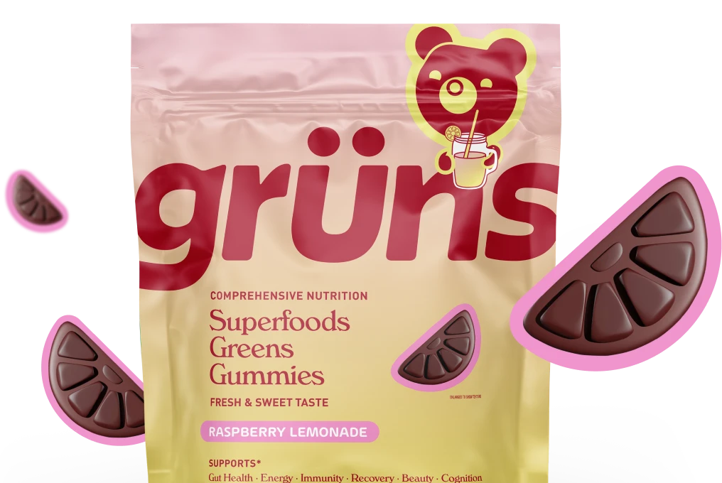Bag of raspberry lemonade superfood gummies with bear logo and gummy slices.