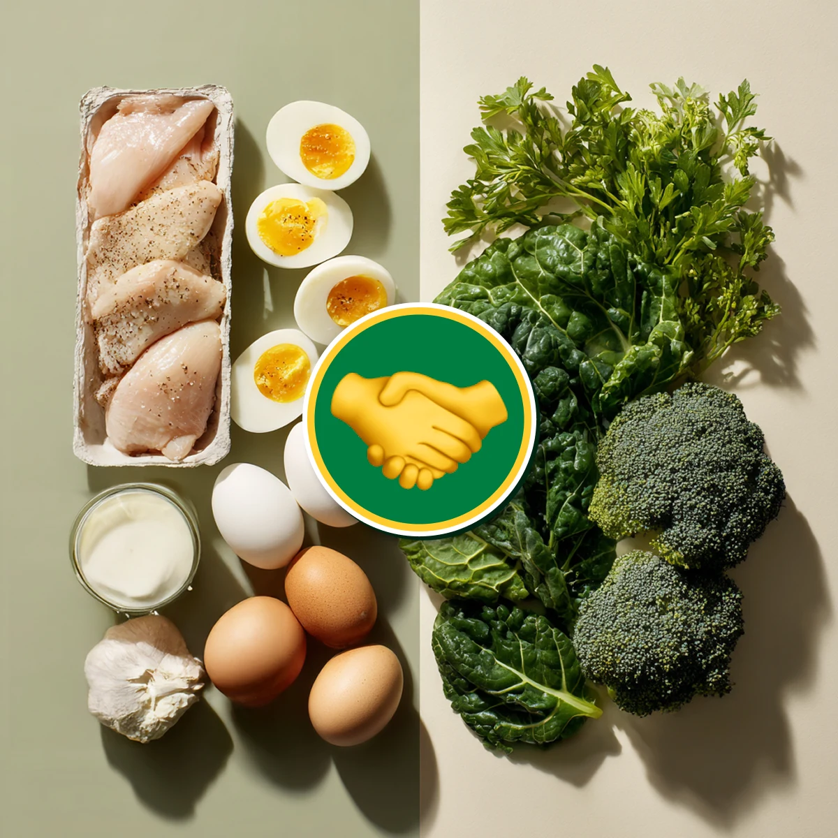 Assorted foods including chicken, eggs, greens, and broccoli with a handshake emoji overlay.