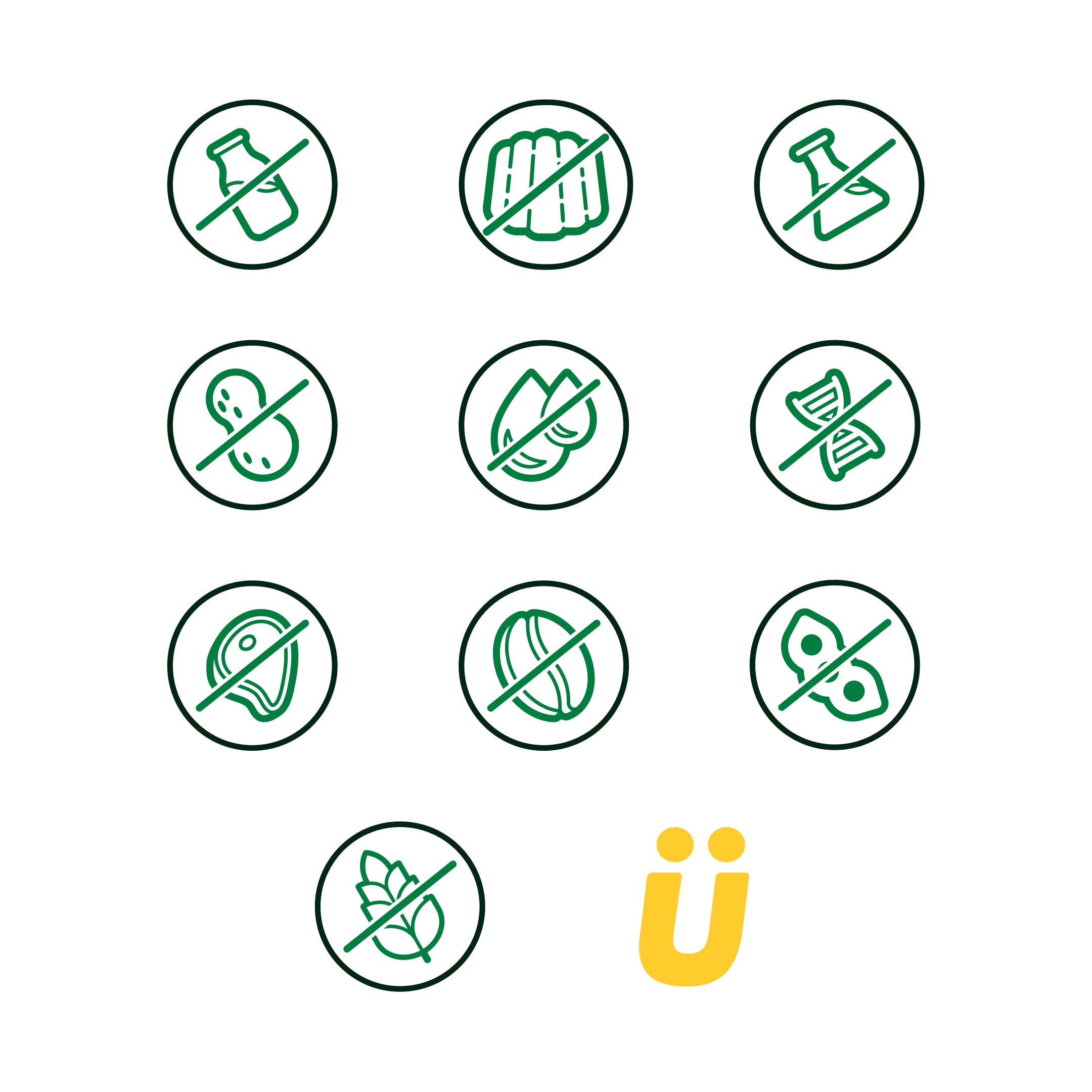 Icons showing food ingredients not included, with a yellow 'Ü' below.