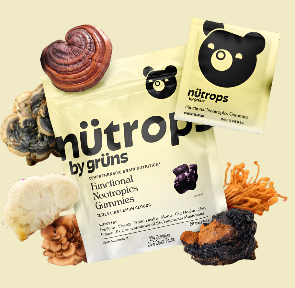 Nütrops gummies packaging with various functional mushrooms around.