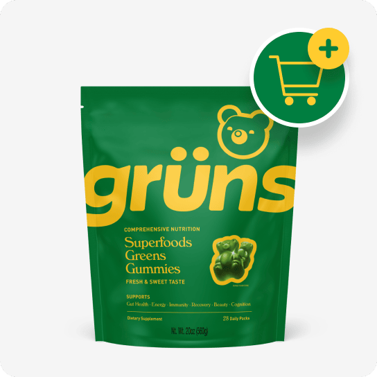 A pack of Grüns Superfoods Greens Gummies with a shopping cart icon.