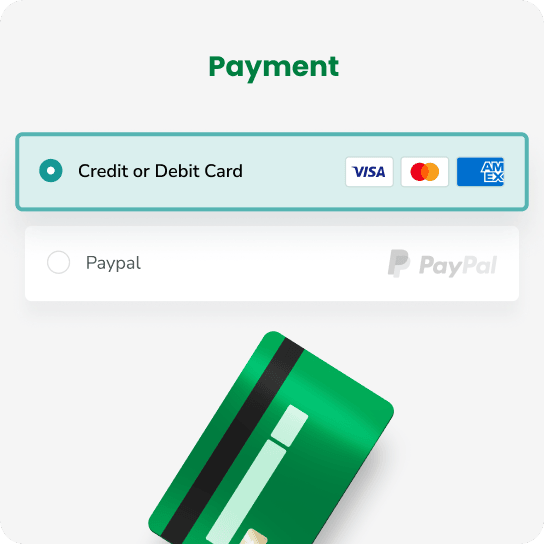 Payment options showing credit card and PayPal choices.