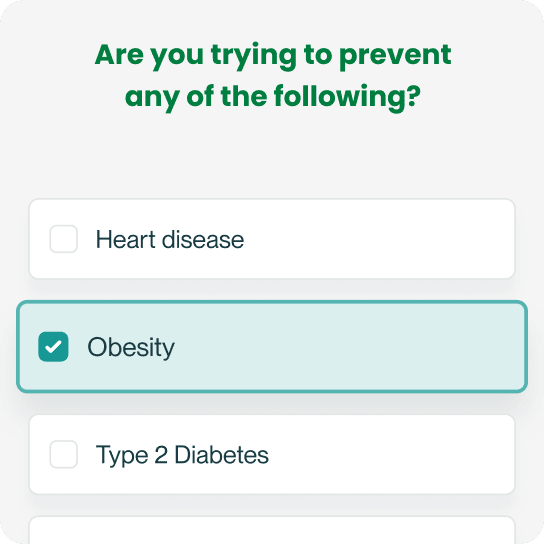 Form with options to prevent heart disease, obesity, and type 2 diabetes; obesity is selected.