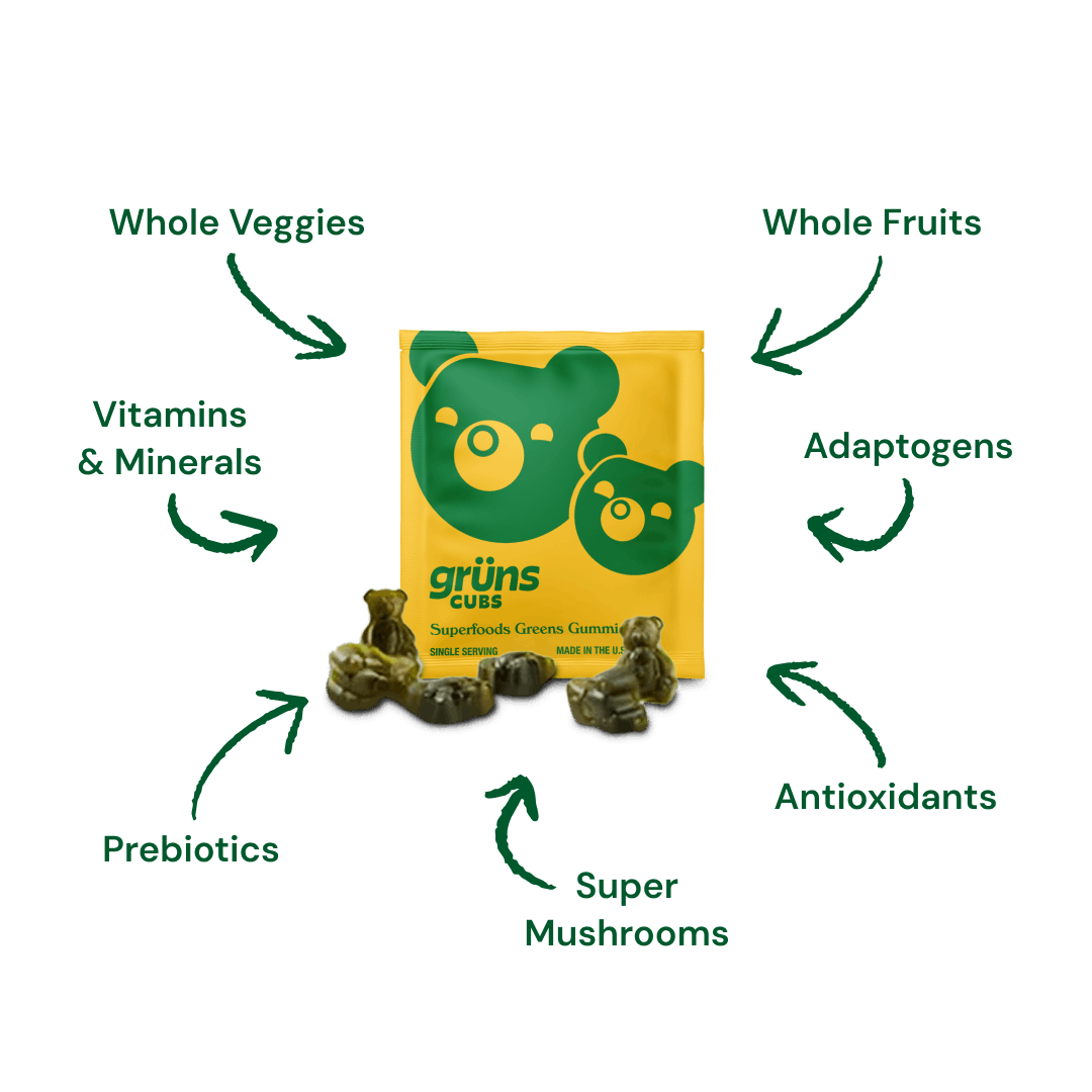 Package of Grün Cubes gummies with nutrients listed: veggies, fruits, adaptogens, antioxidants, mushrooms, vitamins, prebiotics.