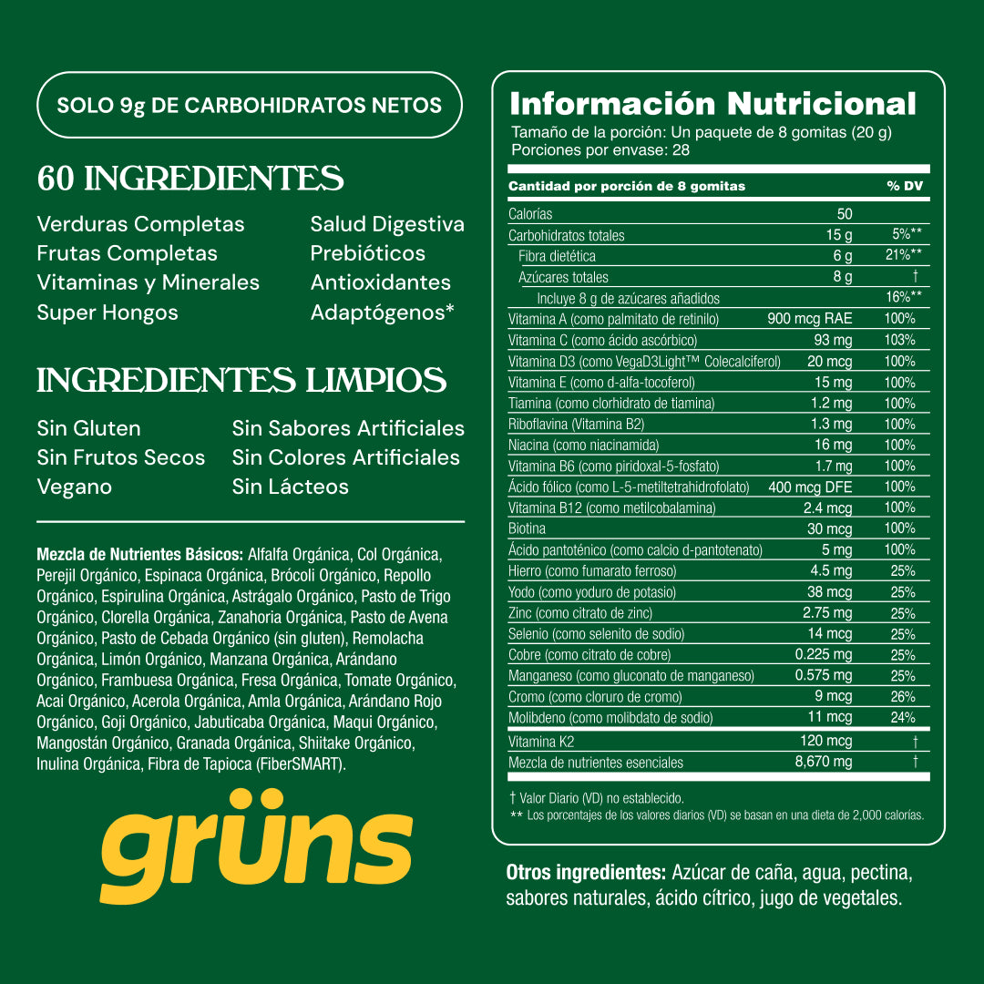 Nutritional and ingredient information for a health supplement, emphasizing clean, natural, vegan elements.