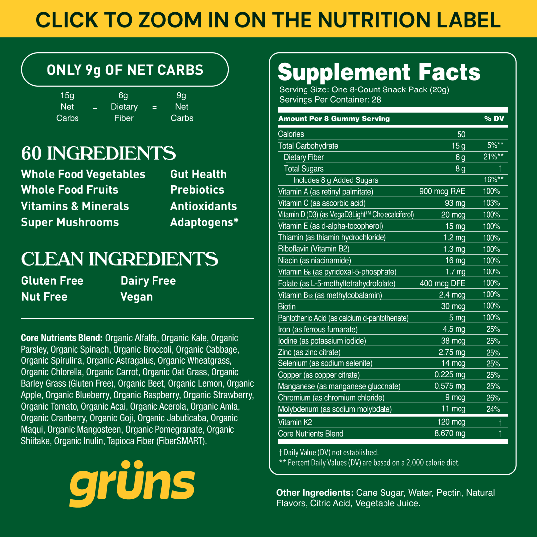 Nutrition label for grüns gummies, highlighting clean ingredients and dietary supplements.